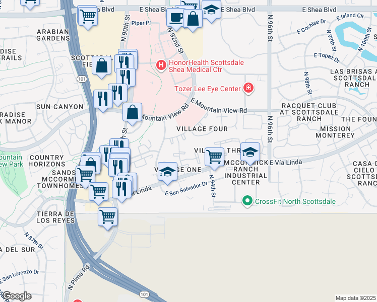 map of restaurants, bars, coffee shops, grocery stores, and more near 9125 East Purdue Avenue in Scottsdale