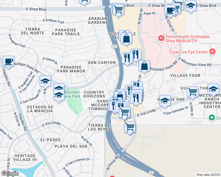 map of restaurants, bars, coffee shops, grocery stores, and more near 8787 East Mountain View Road in Scottsdale