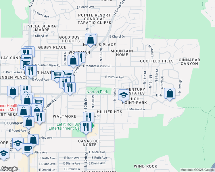 map of restaurants, bars, coffee shops, grocery stores, and more near 1332 East Carol Avenue in Phoenix