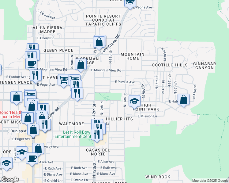 map of restaurants, bars, coffee shops, grocery stores, and more near 9509 North 13th Street in Phoenix