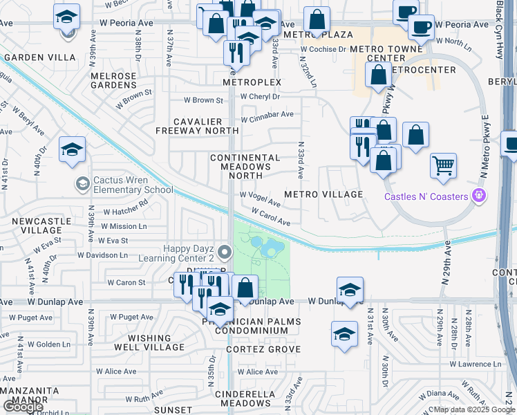 map of restaurants, bars, coffee shops, grocery stores, and more near 9601 North 34th Drive in Phoenix