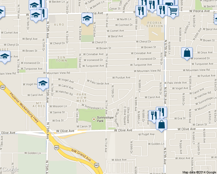 map of restaurants, bars, coffee shops, grocery stores, and more near 7108 West Palo Verde Avenue in Peoria