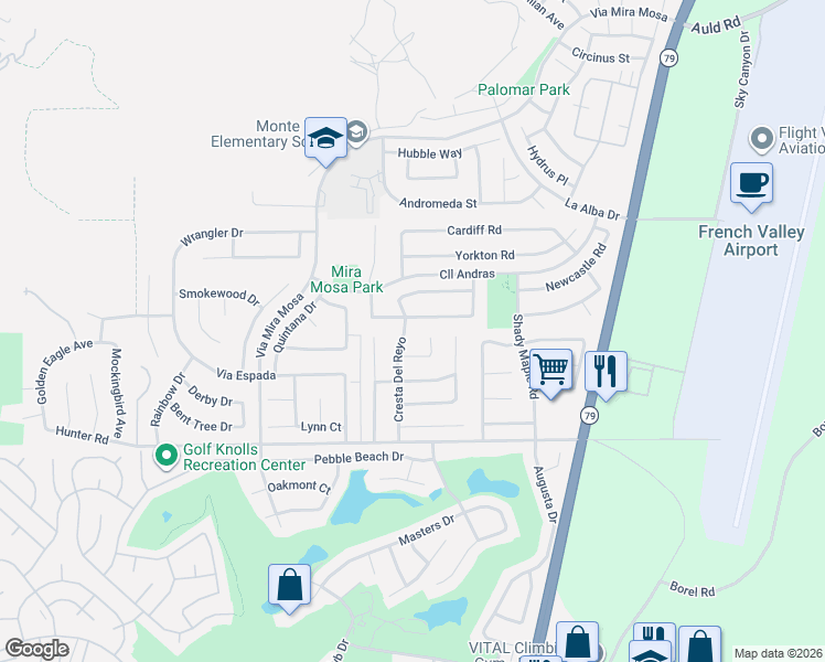 map of restaurants, bars, coffee shops, grocery stores, and more near 29624 Rossiter Road in Murrieta