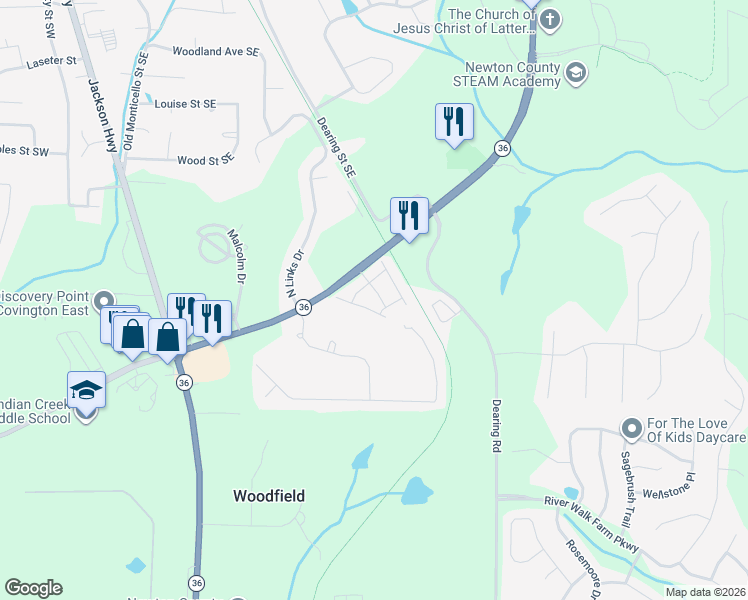 map of restaurants, bars, coffee shops, grocery stores, and more near 35 Brookline Parkway Southeast in Covington