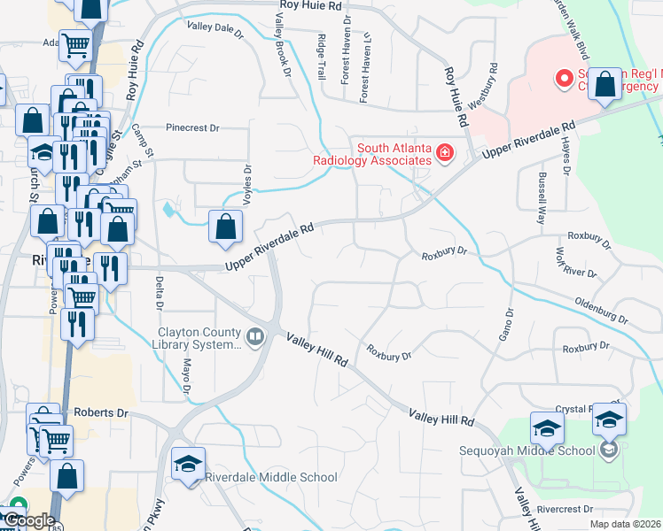 map of restaurants, bars, coffee shops, grocery stores, and more near 6657 Wealthy Court in Riverdale