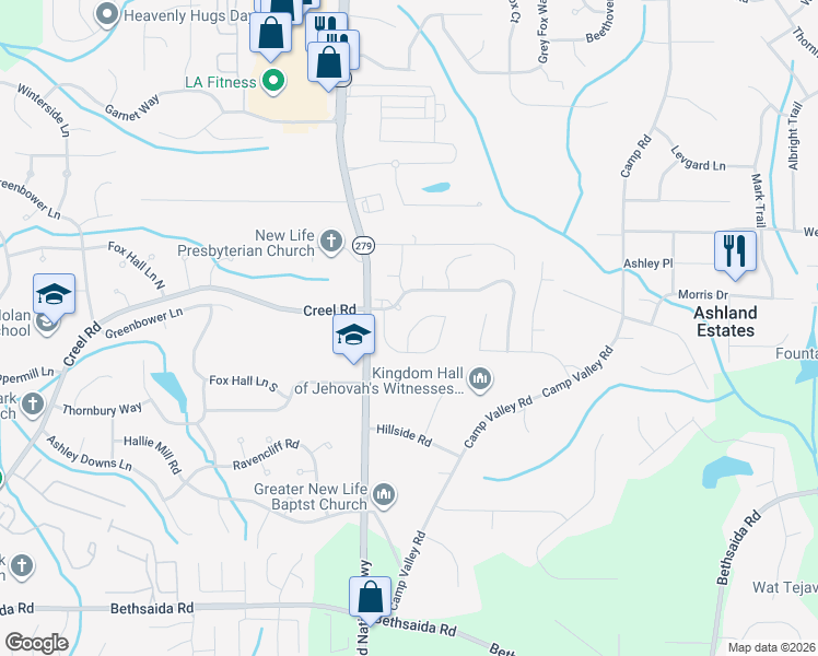map of restaurants, bars, coffee shops, grocery stores, and more near 6807 Mancha Street in Atlanta
