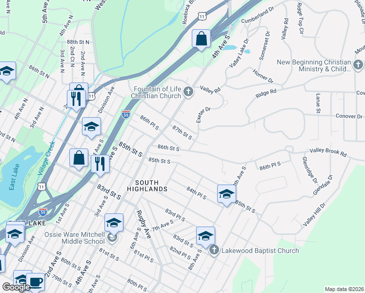 map of restaurants, bars, coffee shops, grocery stores, and more near 421 86th Place South in Birmingham