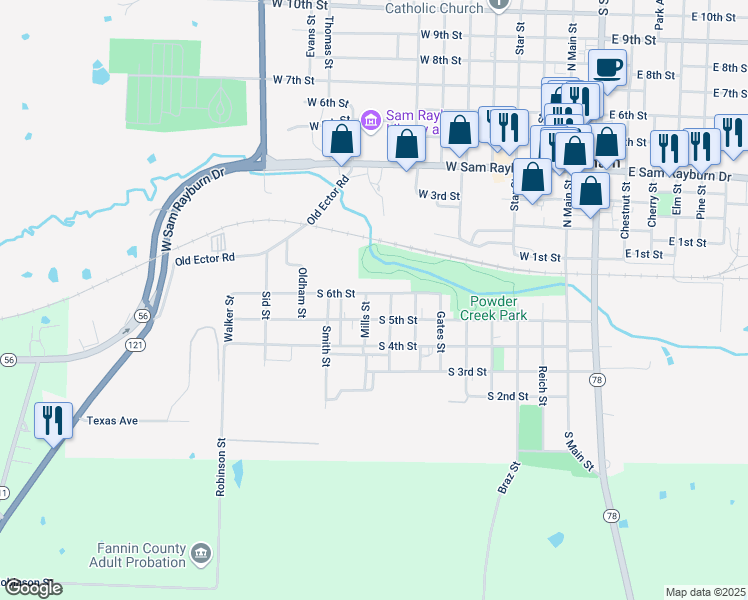 map of restaurants, bars, coffee shops, grocery stores, and more near 804 South 6th Street in Bonham