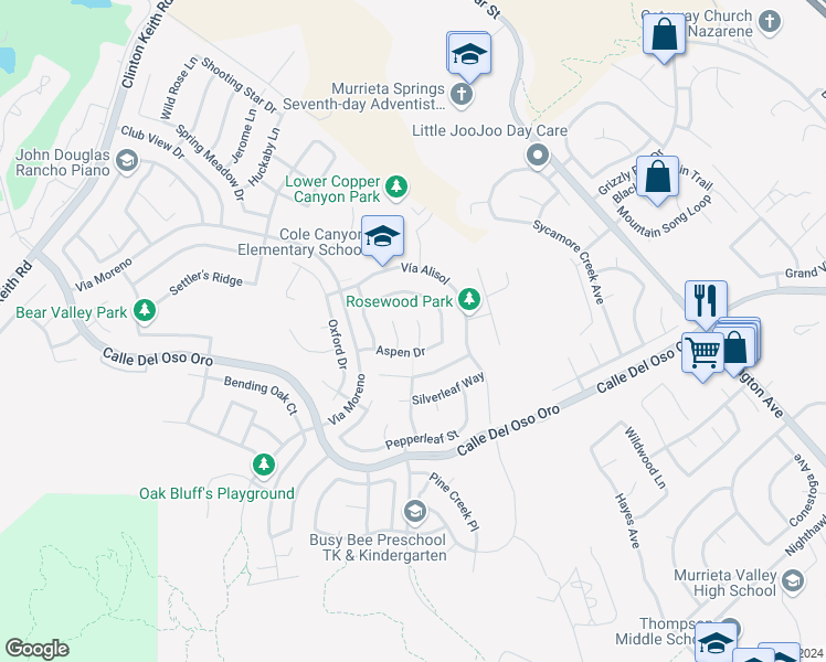 map of restaurants, bars, coffee shops, grocery stores, and more near 37775 Alder Court in Murrieta