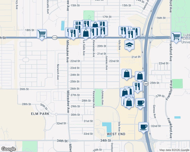 map of restaurants, bars, coffee shops, grocery stores, and more near 6216 24th Street in Lubbock