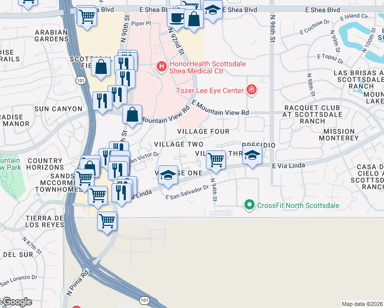 map of restaurants, bars, coffee shops, grocery stores, and more near 9125 East Purdue Avenue in Scottsdale