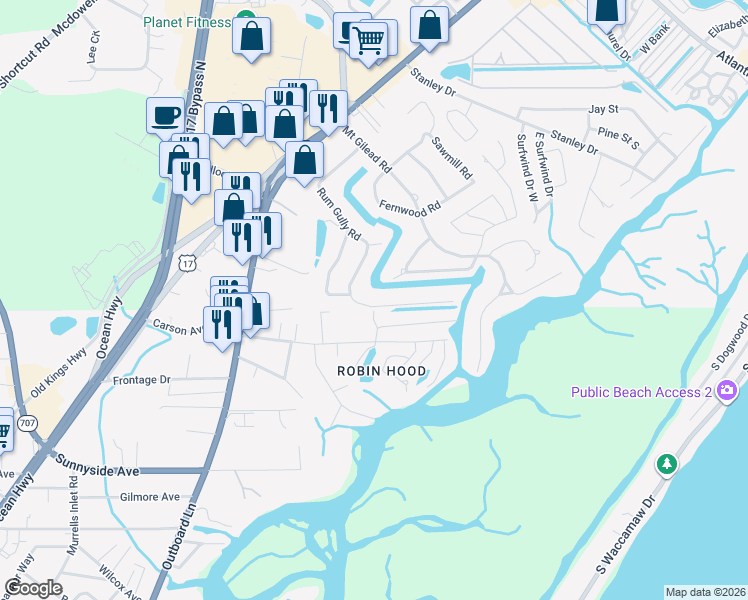 map of restaurants, bars, coffee shops, grocery stores, and more near 599 Old Field Road in Murrells Inlet