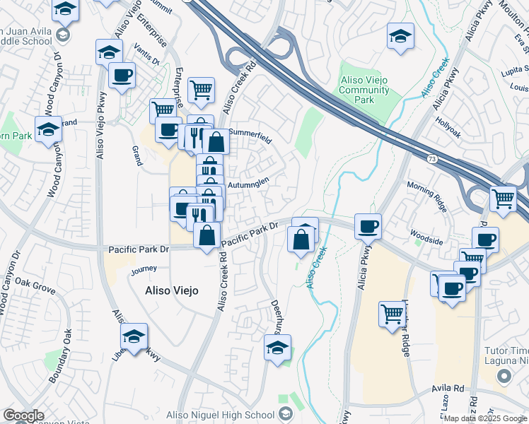 map of restaurants, bars, coffee shops, grocery stores, and more near 5 Meadowbrook in Aliso Viejo
