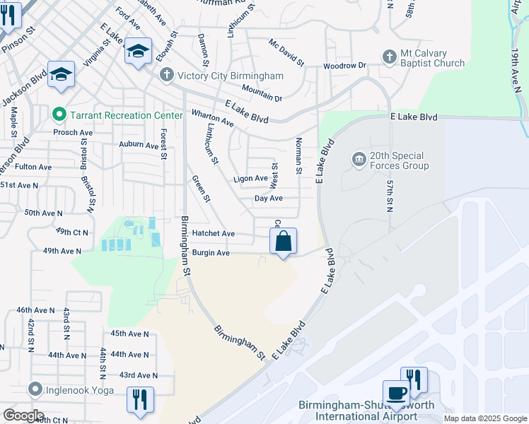 map of restaurants, bars, coffee shops, grocery stores, and more near 1909 Day Avenue in Birmingham