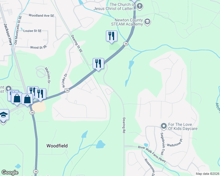 map of restaurants, bars, coffee shops, grocery stores, and more near 7700 Dearing Road in Covington