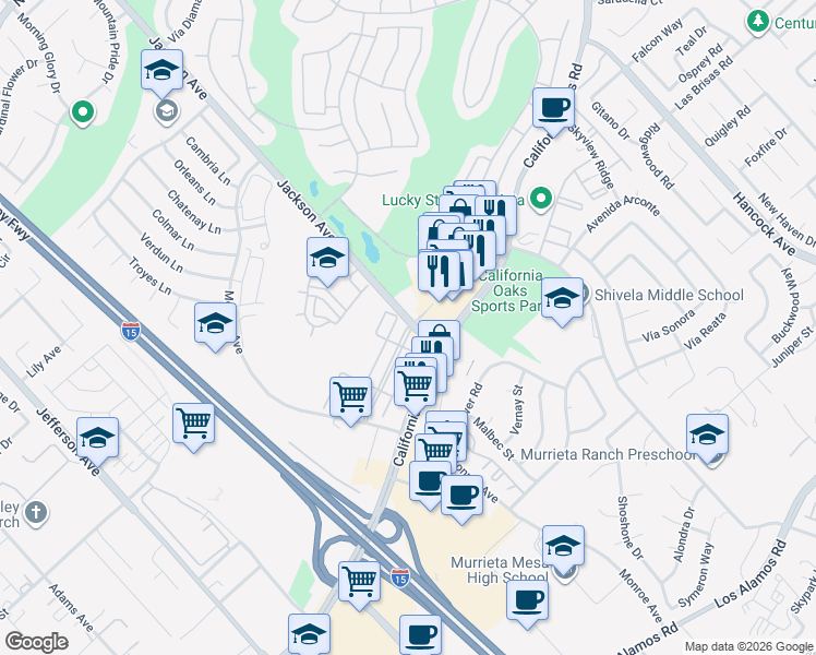 map of restaurants, bars, coffee shops, grocery stores, and more near 24375 Jackson Avenue in Murrieta