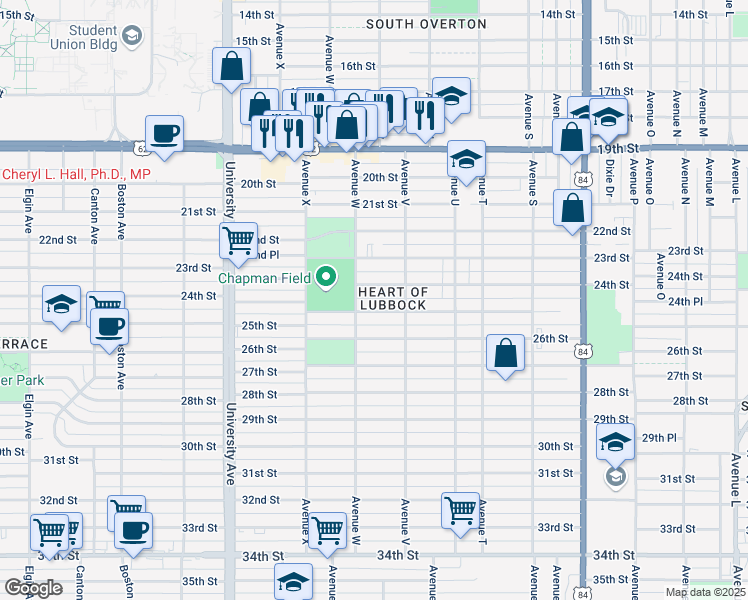 map of restaurants, bars, coffee shops, grocery stores, and more near 2216 25th Street in Lubbock