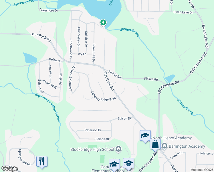 map of restaurants, bars, coffee shops, grocery stores, and more near 1398 Flat Rock Road in Stockbridge