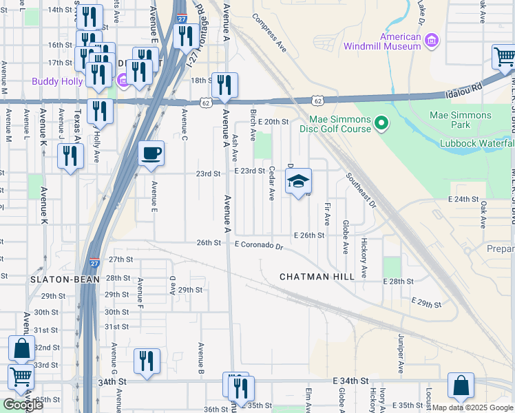 map of restaurants, bars, coffee shops, grocery stores, and more near 2318 Birch Avenue in Lubbock