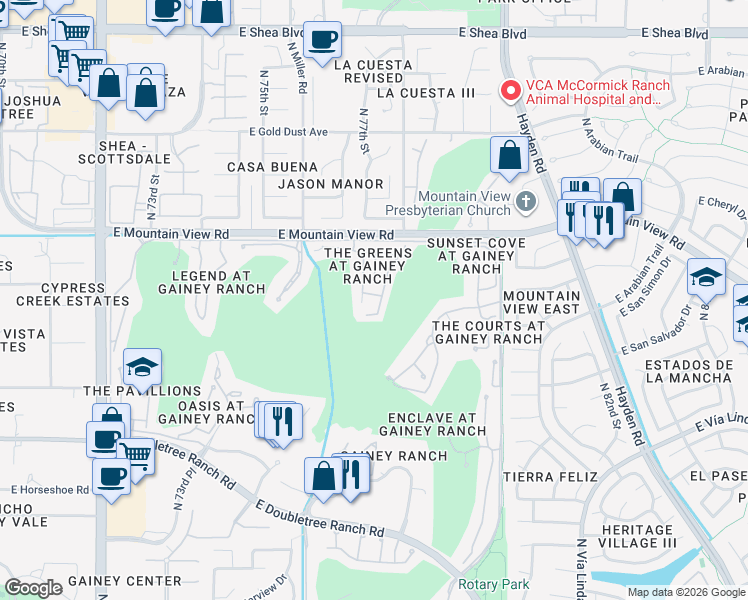 map of restaurants, bars, coffee shops, grocery stores, and more near 7525 East Gainey Ranch Road in Scottsdale