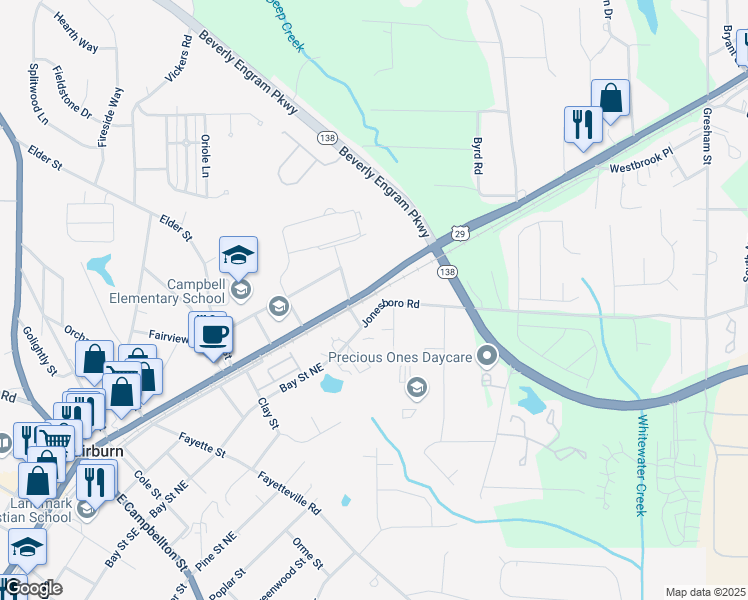 map of restaurants, bars, coffee shops, grocery stores, and more near 96 Jonesboro Road in Fairburn