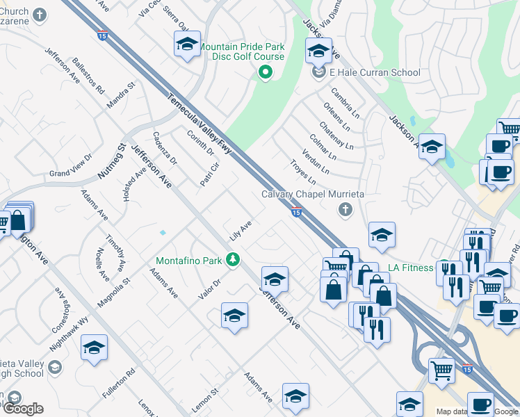 map of restaurants, bars, coffee shops, grocery stores, and more near 24095 Fuschia Court in Murrieta