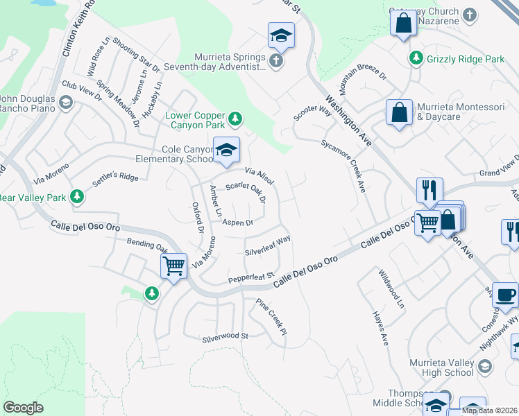 map of restaurants, bars, coffee shops, grocery stores, and more near 23861 Scarlet Oak Drive in Murrieta