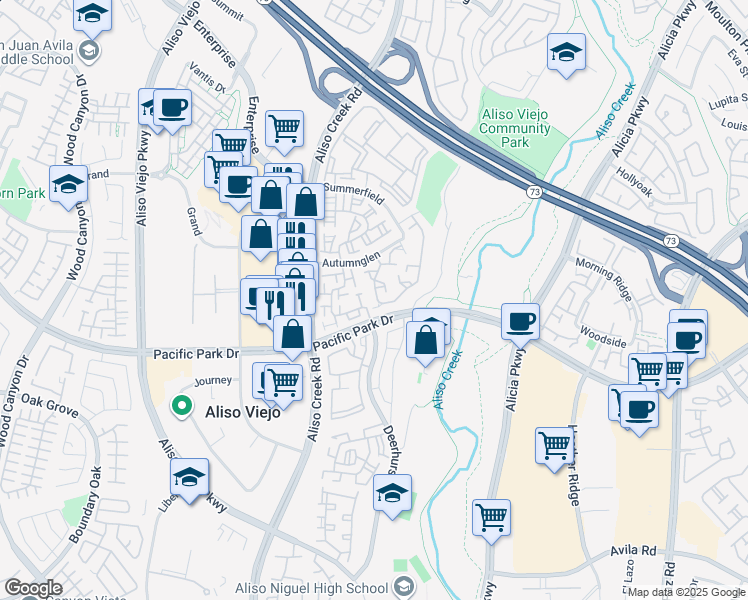 map of restaurants, bars, coffee shops, grocery stores, and more near 5 Meadowbrook in Aliso Viejo