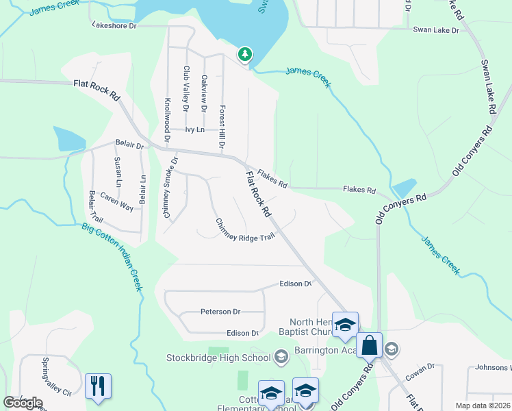 map of restaurants, bars, coffee shops, grocery stores, and more near 1398 Flat Rock Road in Stockbridge