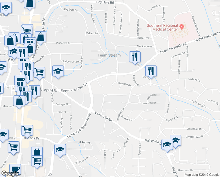 map of restaurants, bars, coffee shops, grocery stores, and more near 6657 Wealthy Court in Riverdale