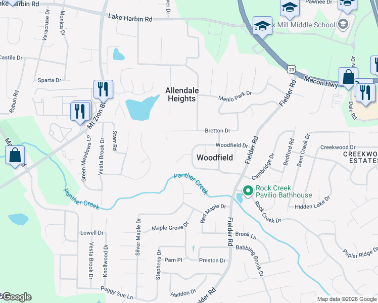 map of restaurants, bars, coffee shops, grocery stores, and more near 2892 Woodfield Drive in Rex