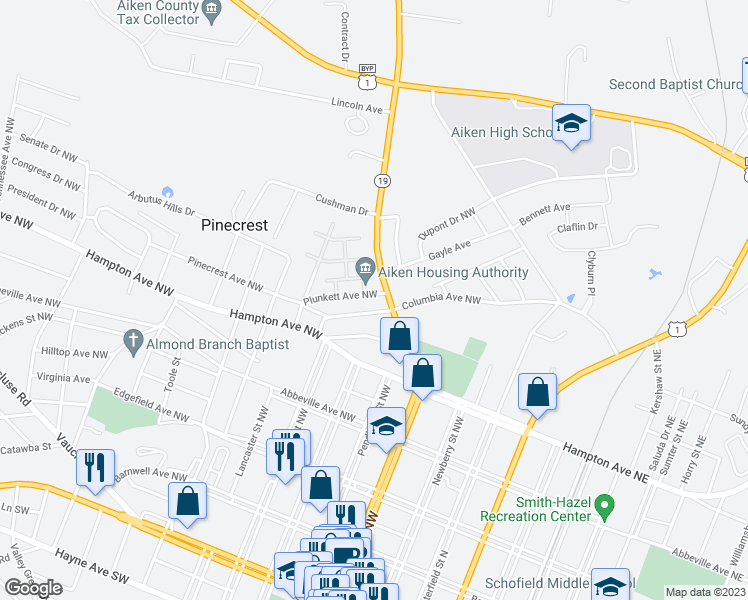 map of restaurants, bars, coffee shops, grocery stores, and more near 413 Plunkett Avenue Northwest in Aiken