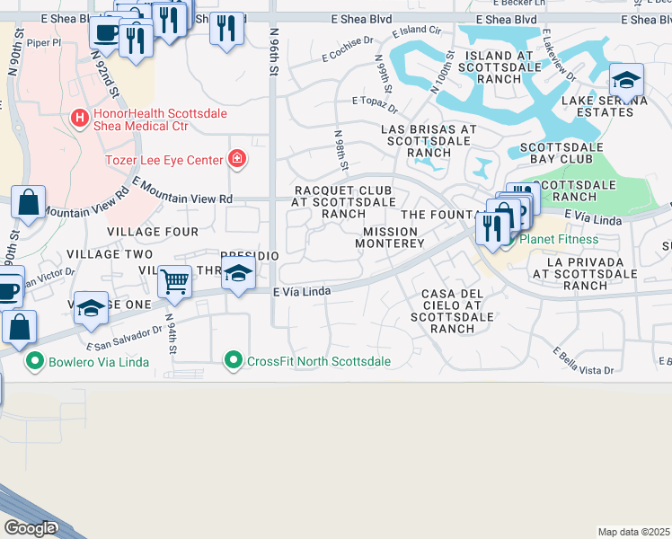 map of restaurants, bars, coffee shops, grocery stores, and more near 9708 East Vía Linda in Scottsdale