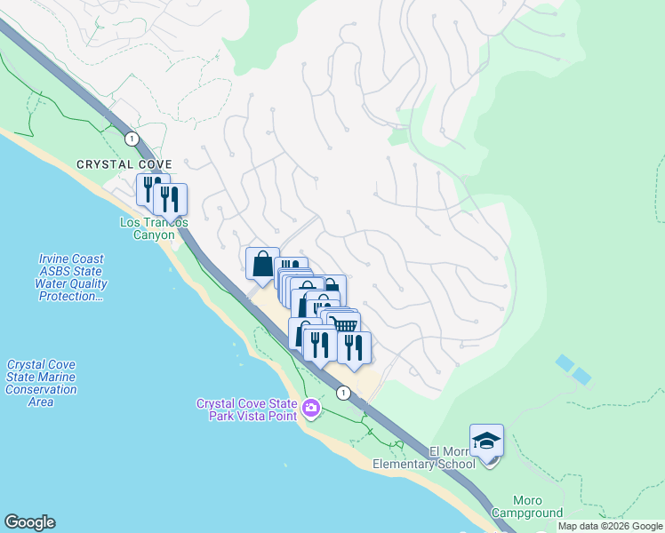 map of restaurants, bars, coffee shops, grocery stores, and more near 8 Rockshore Bluff in Newport Beach