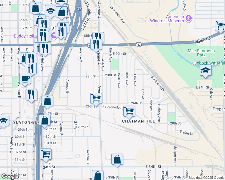 map of restaurants, bars, coffee shops, grocery stores, and more near 2318 Birch Avenue in Lubbock