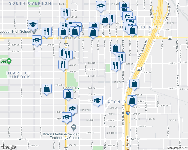 map of restaurants, bars, coffee shops, grocery stores, and more near 1401 24th Street in Lubbock