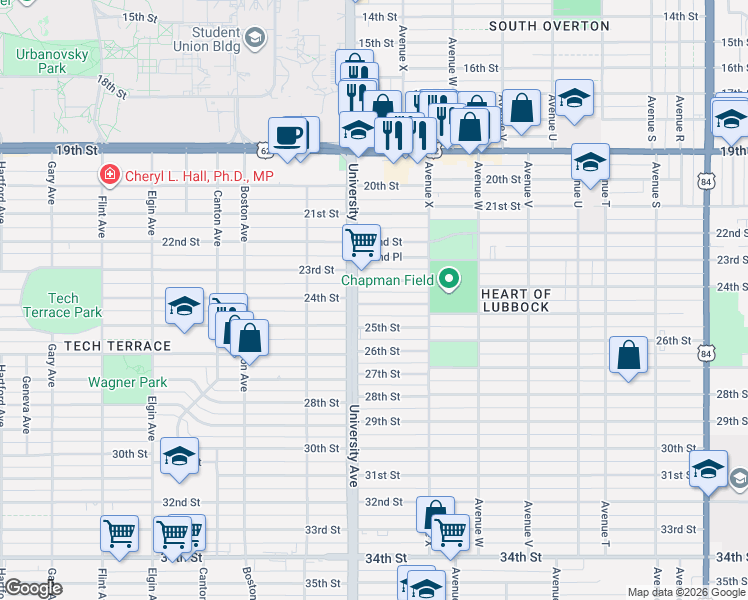 map of restaurants, bars, coffee shops, grocery stores, and more near 2427 23rd Street in Lubbock