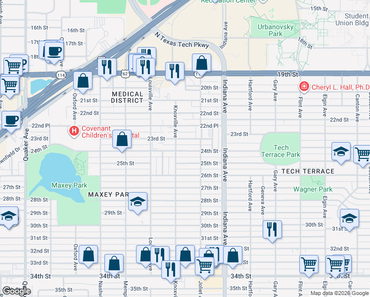 map of restaurants, bars, coffee shops, grocery stores, and more near 3519 23rd Street in Lubbock