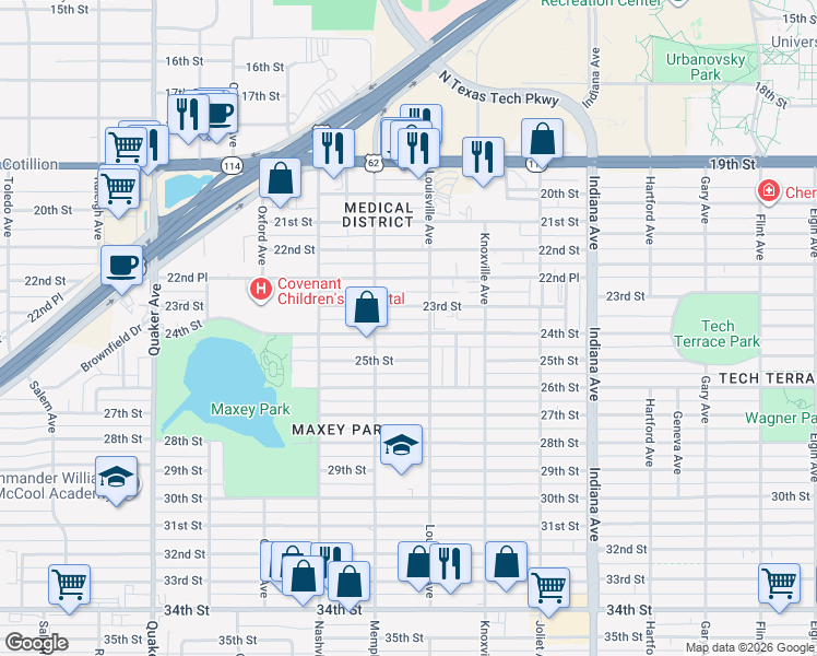 map of restaurants, bars, coffee shops, grocery stores, and more near 3707 23rd Street in Lubbock