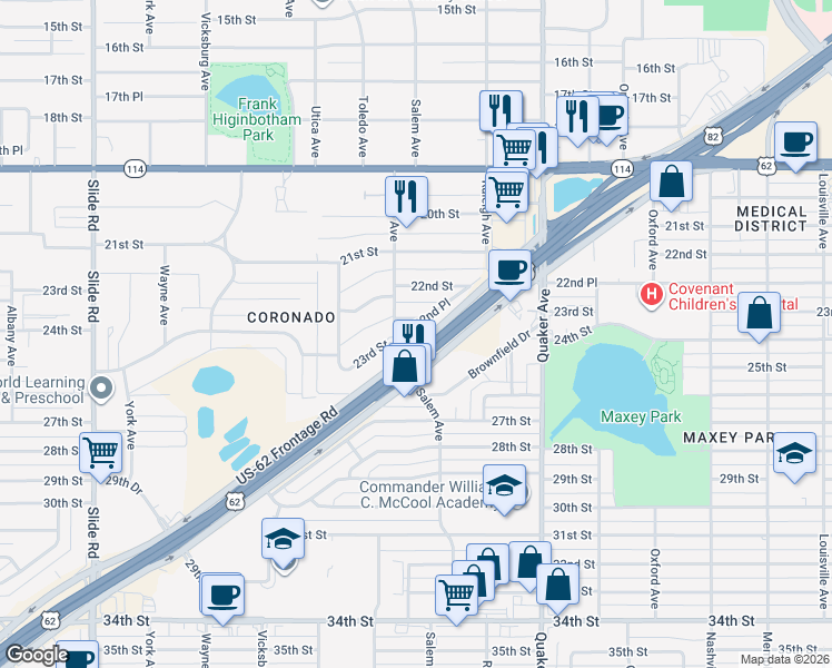map of restaurants, bars, coffee shops, grocery stores, and more near 4501-4519 23rd Street in Lubbock