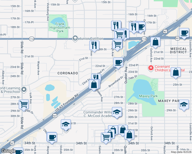 map of restaurants, bars, coffee shops, grocery stores, and more near 4501-4519 23rd Street in Lubbock