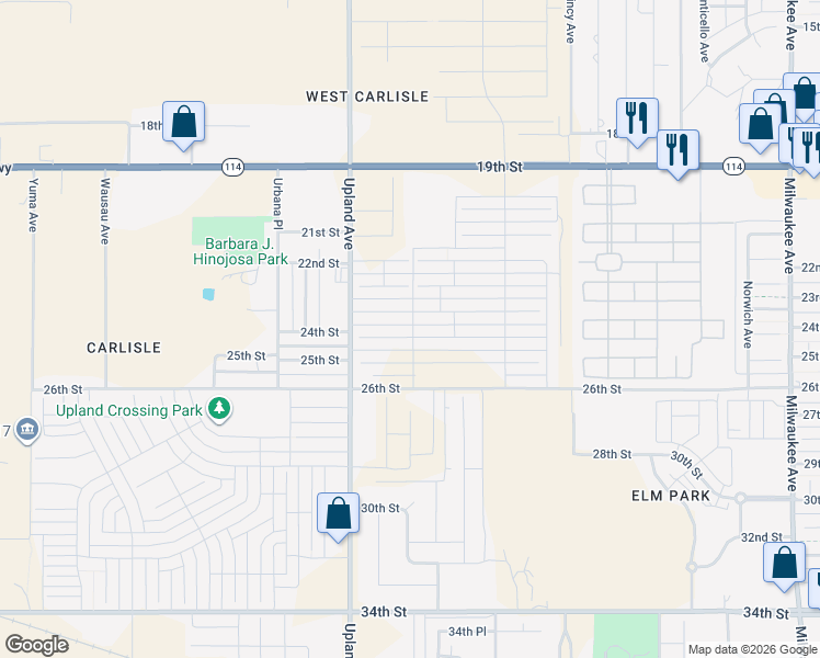 map of restaurants, bars, coffee shops, grocery stores, and more near 2212-2364 Upland Avenue in Lubbock