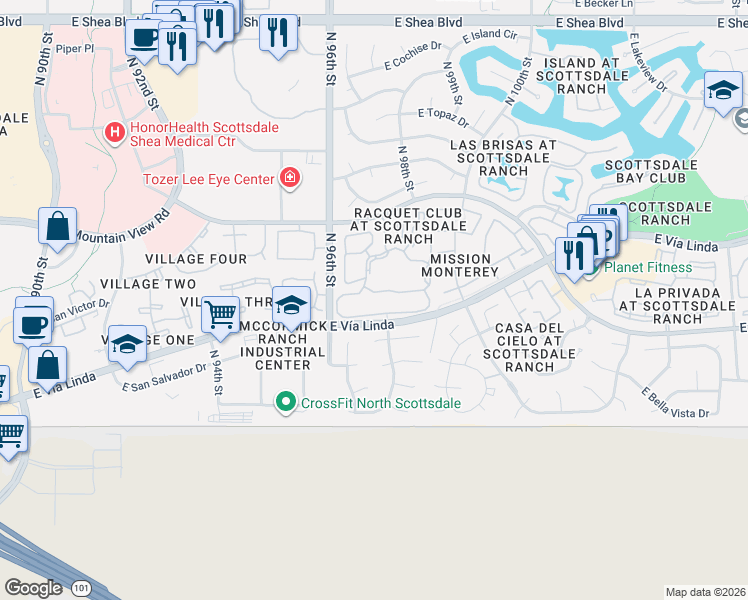 map of restaurants, bars, coffee shops, grocery stores, and more near 9707 East Mountain View Road in Scottsdale