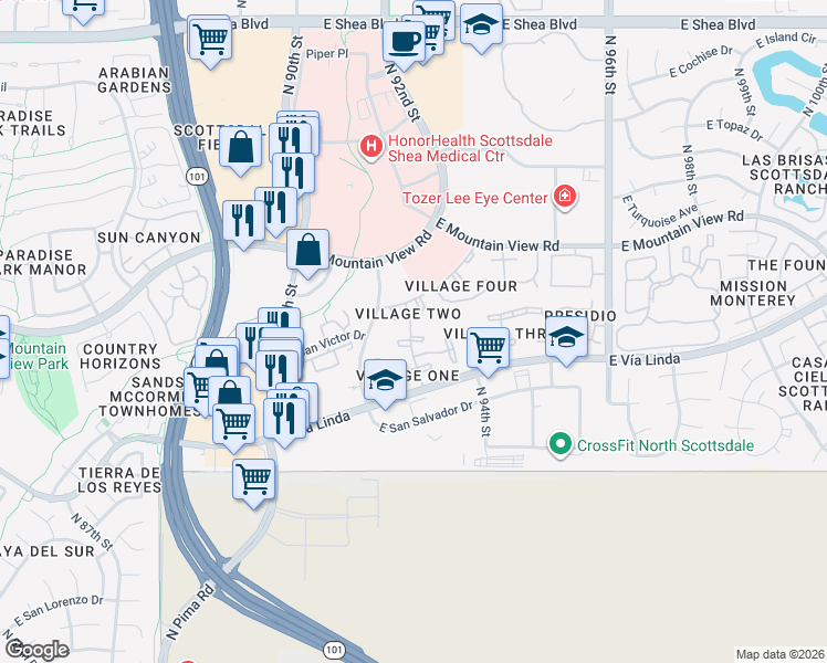 map of restaurants, bars, coffee shops, grocery stores, and more near 9115 East Purdue Avenue in Scottsdale