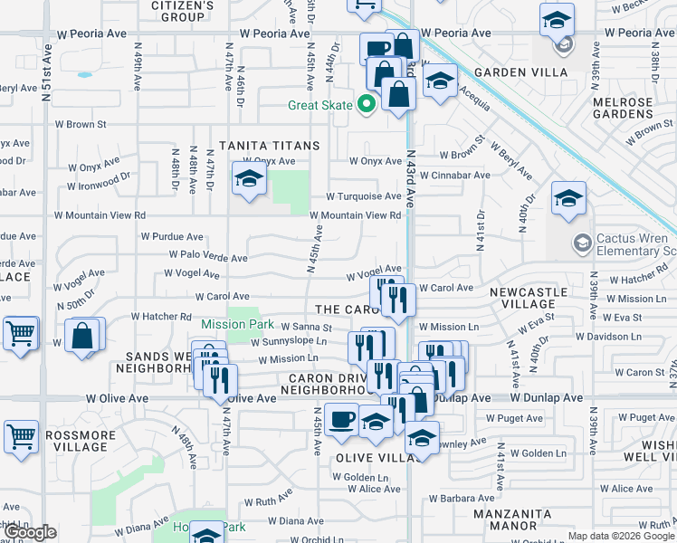 map of restaurants, bars, coffee shops, grocery stores, and more near 4418 West Palo Verde Avenue in Glendale