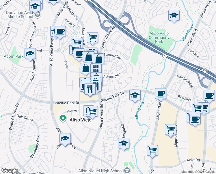 map of restaurants, bars, coffee shops, grocery stores, and more near 15 Bravo Lane in Aliso Viejo