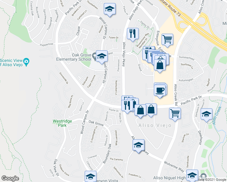 map of restaurants, bars, coffee shops, grocery stores, and more near 37 Picket Lane in Aliso Viejo