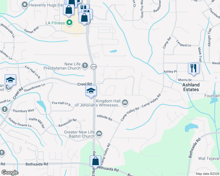 map of restaurants, bars, coffee shops, grocery stores, and more near 6798 Mancha Street in Atlanta
