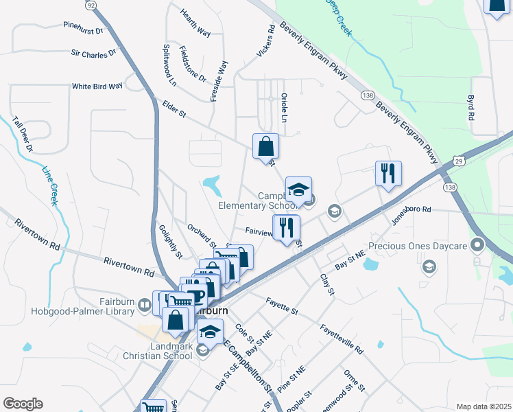 map of restaurants, bars, coffee shops, grocery stores, and more near 122 Vickery Drive in Fairburn