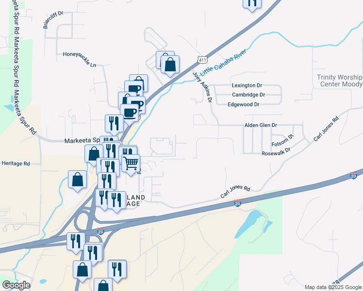 map of restaurants, bars, coffee shops, grocery stores, and more near 6421 Barrington Lane in Moody